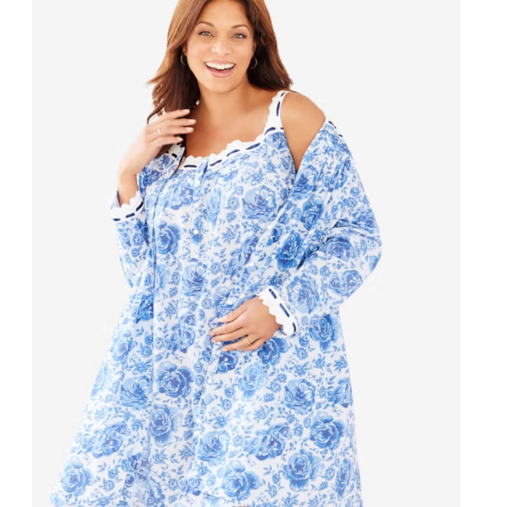 Only Necessities Blue Floral Plus-Size Nightgown with Lace Trim